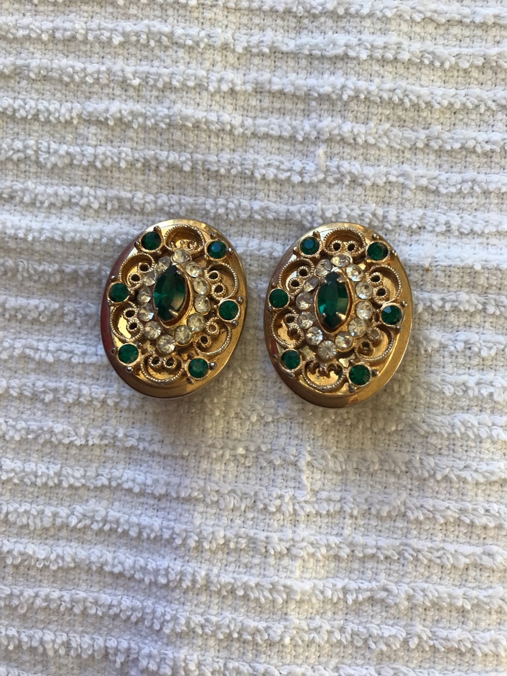 CORO designed Gold-Tone Oval Earrings with Emerald Green and Clear Stones